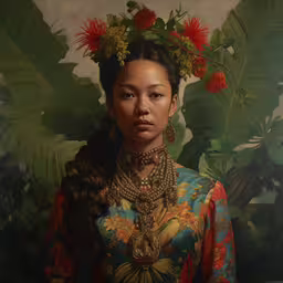 a woman standing in front of a painting of plants and flowers,a painting of a woman wearing flowers and necklaces