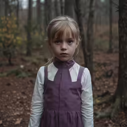 a young girl stands in front of an area with leaves and plants