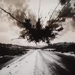 a black and white photo of a barren road