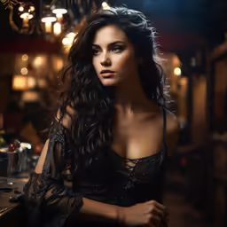 woman in evening gown sitting with lights on a ceiling