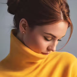 the girl with a top knot and a hair bun is looking down at her cell phone