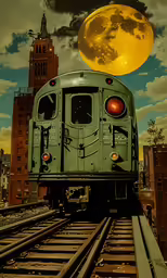 a train traveling down tracks under a moon filled sky