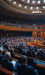 people are sitting in a large conference room with many seats