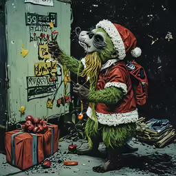 a big griney santa bear standing in front of a christmas ice box
