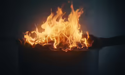 a bucket on fire in the dark with no one around it