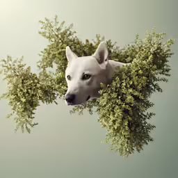 the head and face of a white dog hidden in plants