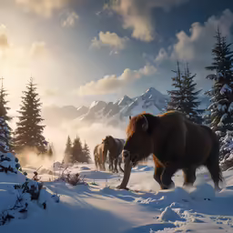 a herd of bison in a wintery landscape