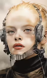 a woman with headphones and some hair in her hands