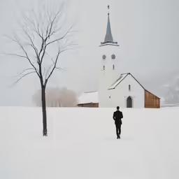 a man walks in snow as the light falls