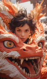 a woman wearing an orange dragon mask with the mouth open