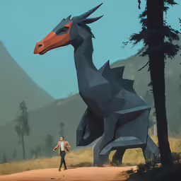 the man walks beside his large dragon statue