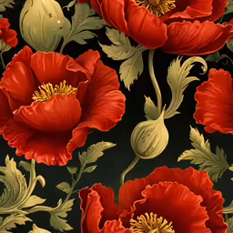an artistic painting depicting red poppies with yellow centers