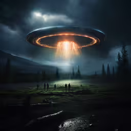 a flying object hovers over the countryside as two people stand on it,an alien flying over people under trees in the dark