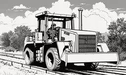 a drawing of a tractor that is driving,a black and white drawing of a farm tractor on train tracks