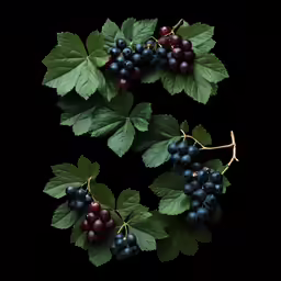 some grapes on a black background one still on the vine