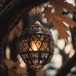 a lit candle hanging from a tree with leaves around it
