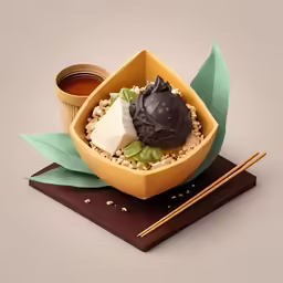 a piece of food sits in a small pot on a placemat