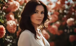 a beautiful woman standing under a bush with roses
