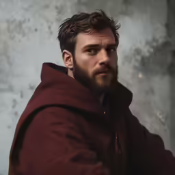 a man with a goatee beard is standing against a concrete wall