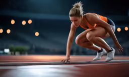 a woman kneeling down on the ground after winning the race