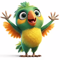 a small green bird with two hands up and eyes closed