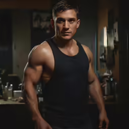 there is a muscular man standing in a kitchen