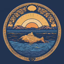 the sun sets over a mountain and sea,a circular print with the sun setting over mountains
