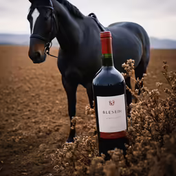 two bottles of wine stand next to a horse in a field