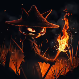 a cartoon character in costume holds a stick