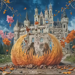 a fairy scene with a castle, two witches and some birds