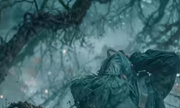 a man hiding behind a tree in a snowy forest