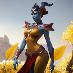 avatar with blue skin, yellow and orange hair wearing a costume and holding a sword in her hand