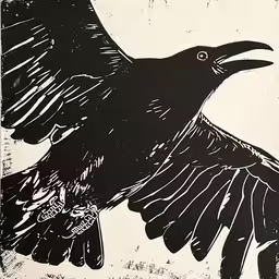 an old - fashioned black and white illustration of a bird,black raven on white background with black accents