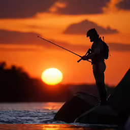 a man standing on rocks holding onto a pole