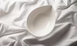 an empty white bowl sits on the bed sheet