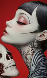 a skeleton and a woman both pose in front of a red wall