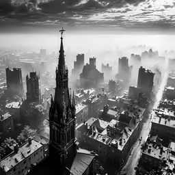 a dark city with clouds and mist coming in