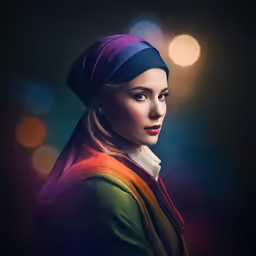 a woman in a headscarf with bright lights