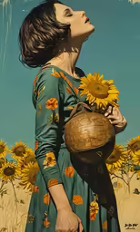 a woman with a ball and sunflowers stands in front of a painting