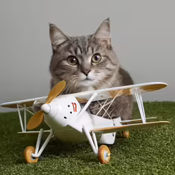a cat is standing near a model airplane