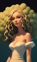 3d model with big hair wearing white dress