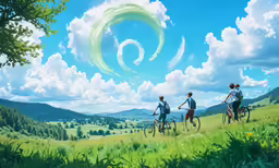 three people on bicycles in an open field