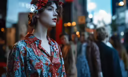 a woman in red shirt and floral hairpiece on the street