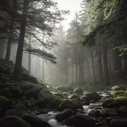 the forest has green mossy rocks on it