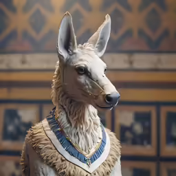 a statue of a white fox wearing a blue collar
