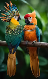 two colorful parrots perched on top of a tree branch