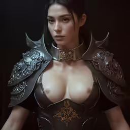 an artwork of a woman wearing armor and with huge breast