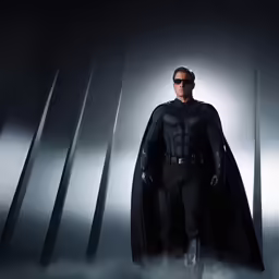 a man wearing a black suit and cape