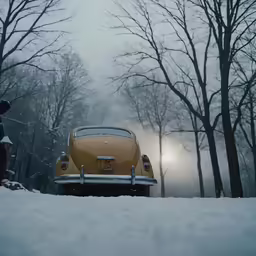 a tan car parked in a snowy road