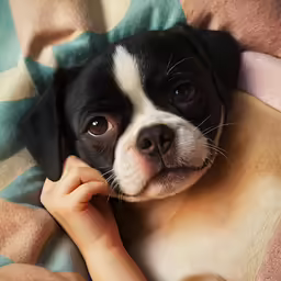 a small black and white dog laying down on a blanket